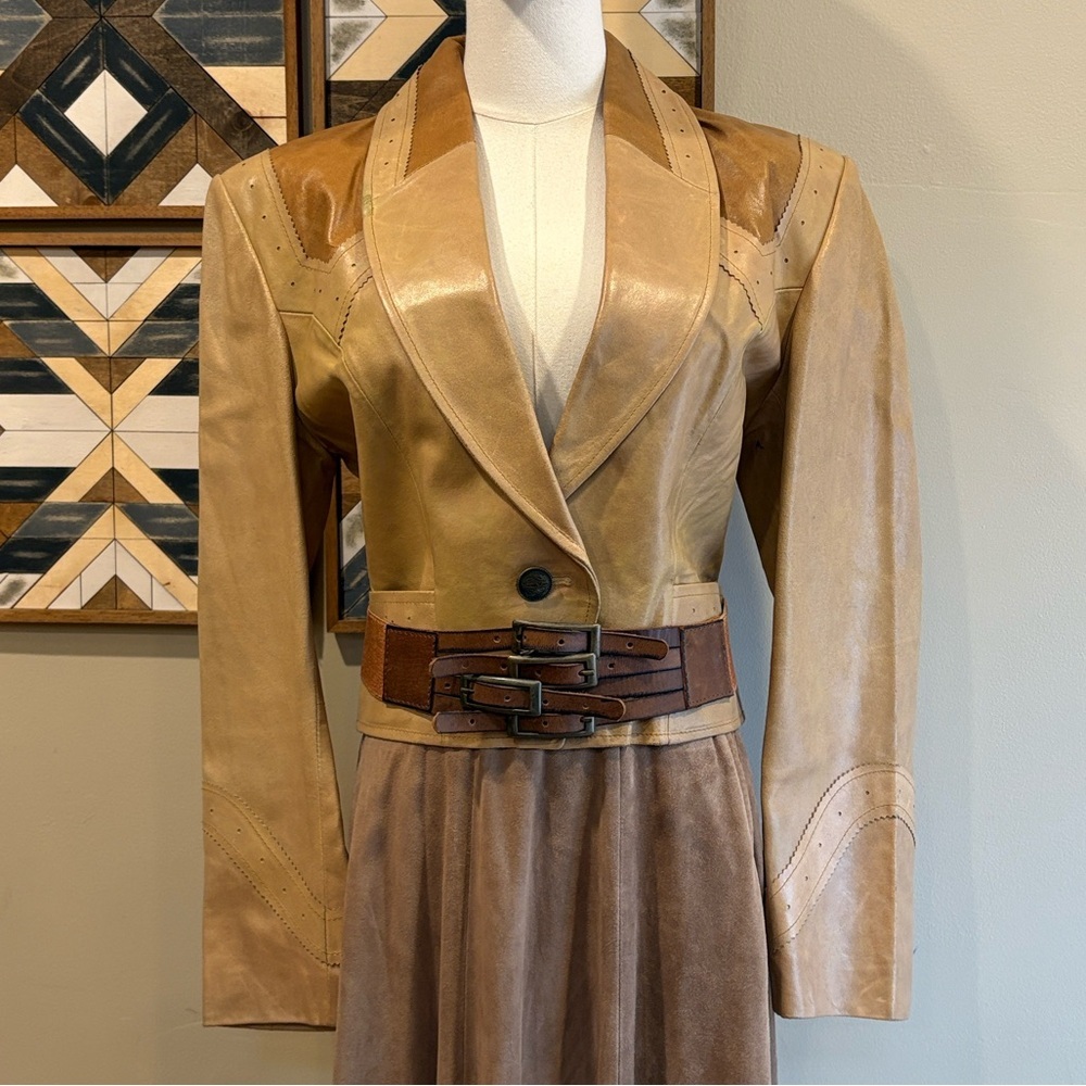 Womens Tan Leather Cropped Jacket with Belt